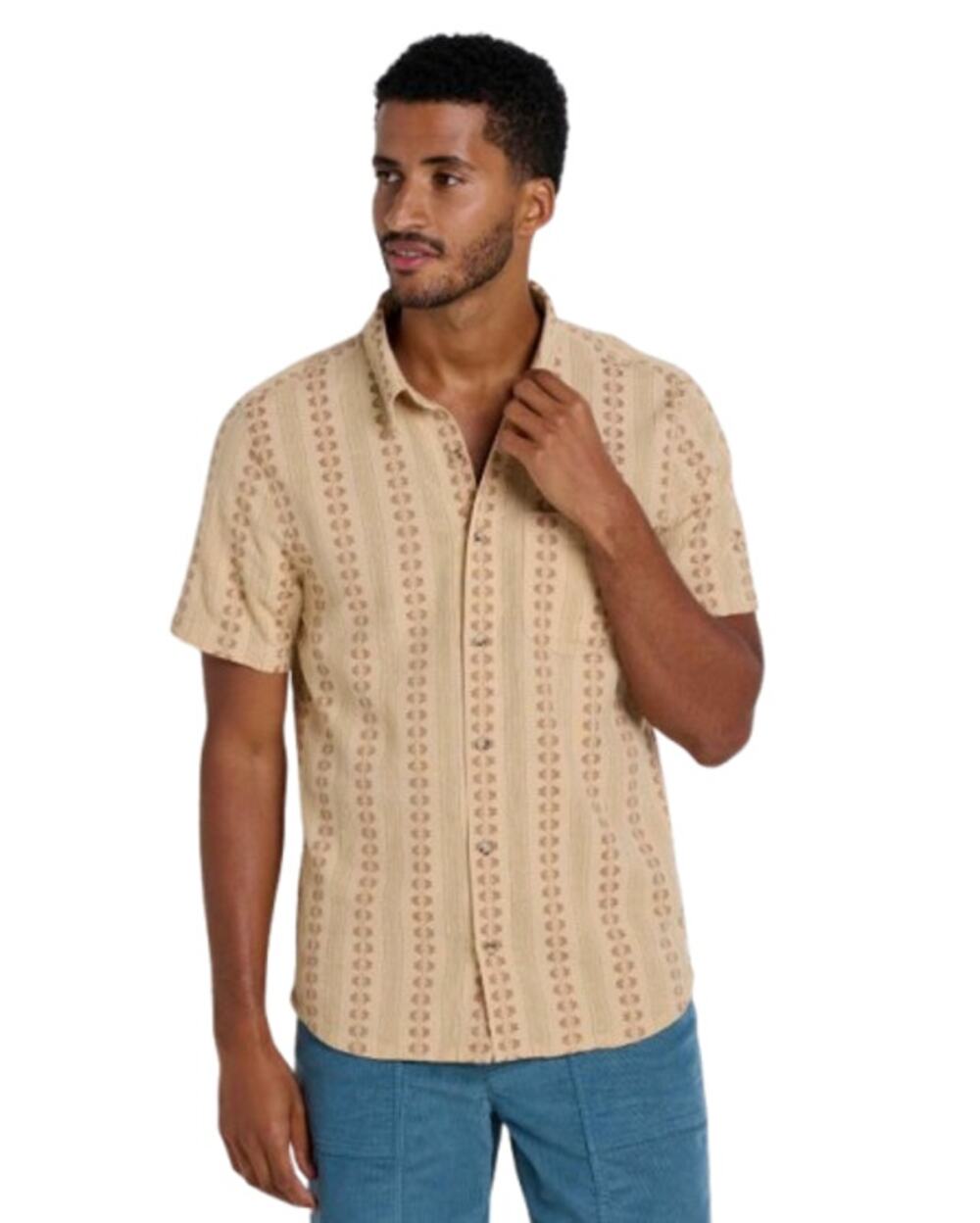 TOAD & CO Men's Treescape Short Sleeve Casual Shirt Large Tan Chai Geo Dobby NWT